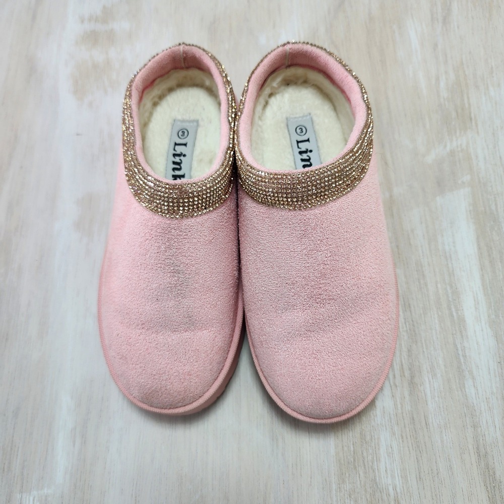 Link Girls Pink Faux Fur Rhinestone Platform Slippers Size 3 Kids Blush Clogs